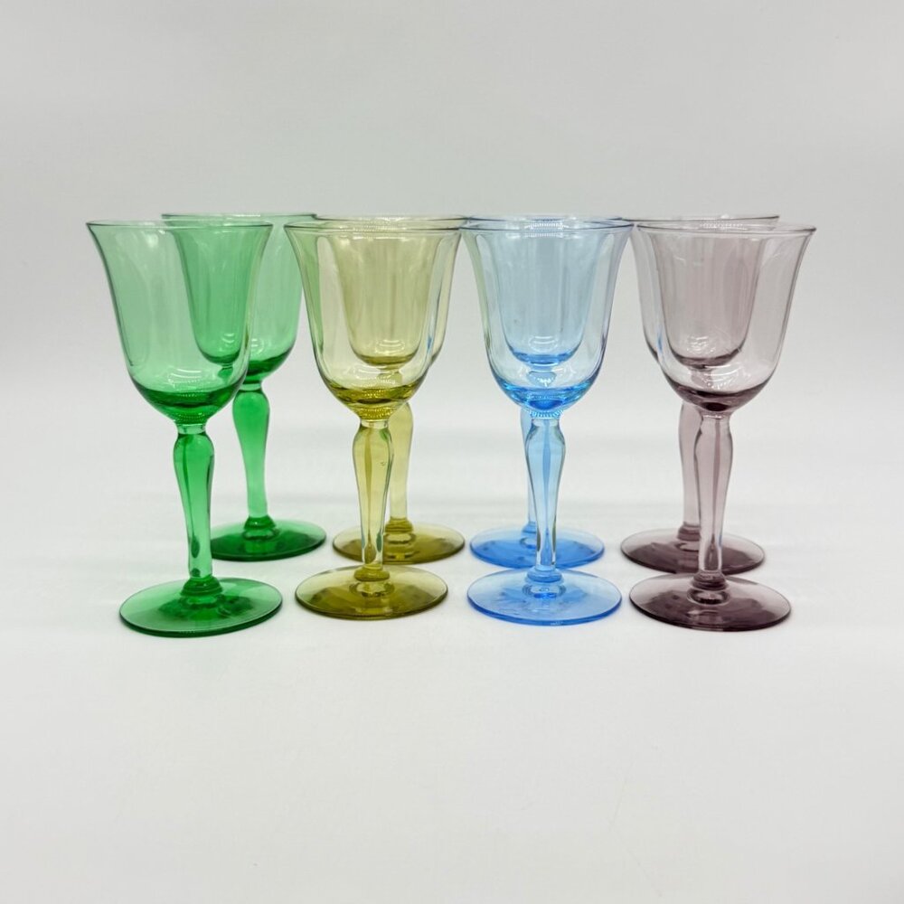 Vintage Angela Bohemia Crystal Liqueur Glasses Set Of 8 Rainbow Colored Stemware